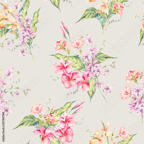 Watercolor floral tropical seamless pattern. 