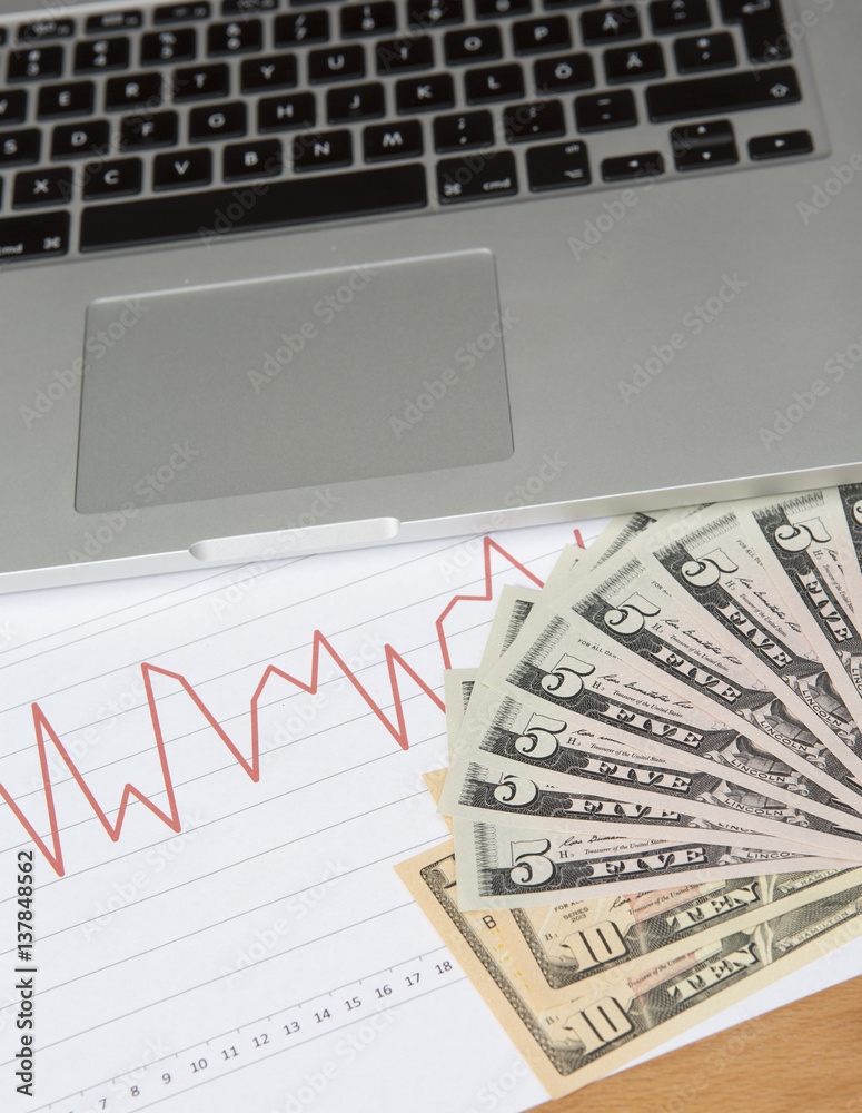 Stock market change, data analysis. US dollars and a computer. Stock market change, data analysis. US dollars and a computer.