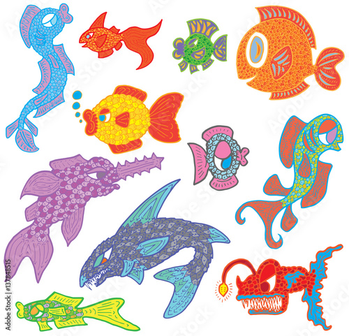 Hand Drawn Multicoloured Fish Marine Life