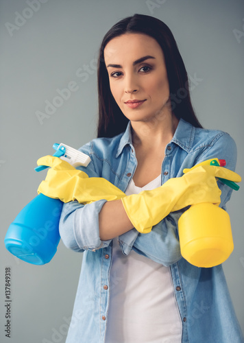 Beautiful woman cleaning