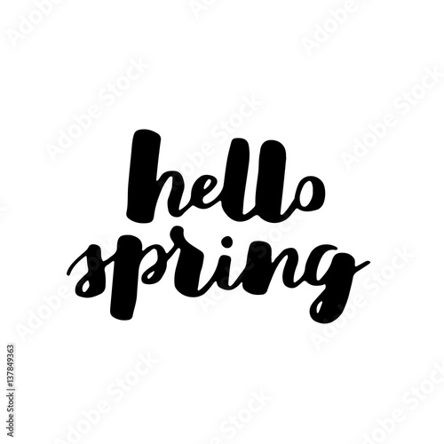 Hello spring lettering typography. Calligraphy postcard or poster graphic design element. Hand written style card. Simple vector brush sign. seasonal quote with black ink on white isolated background