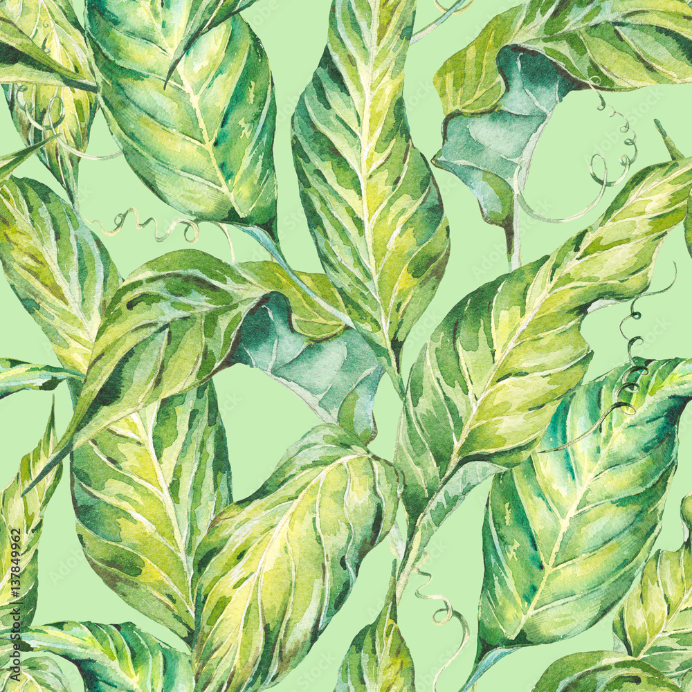 Natural leaves exotic watercolor seamless pattern - obrazy, fototapety, plakaty 