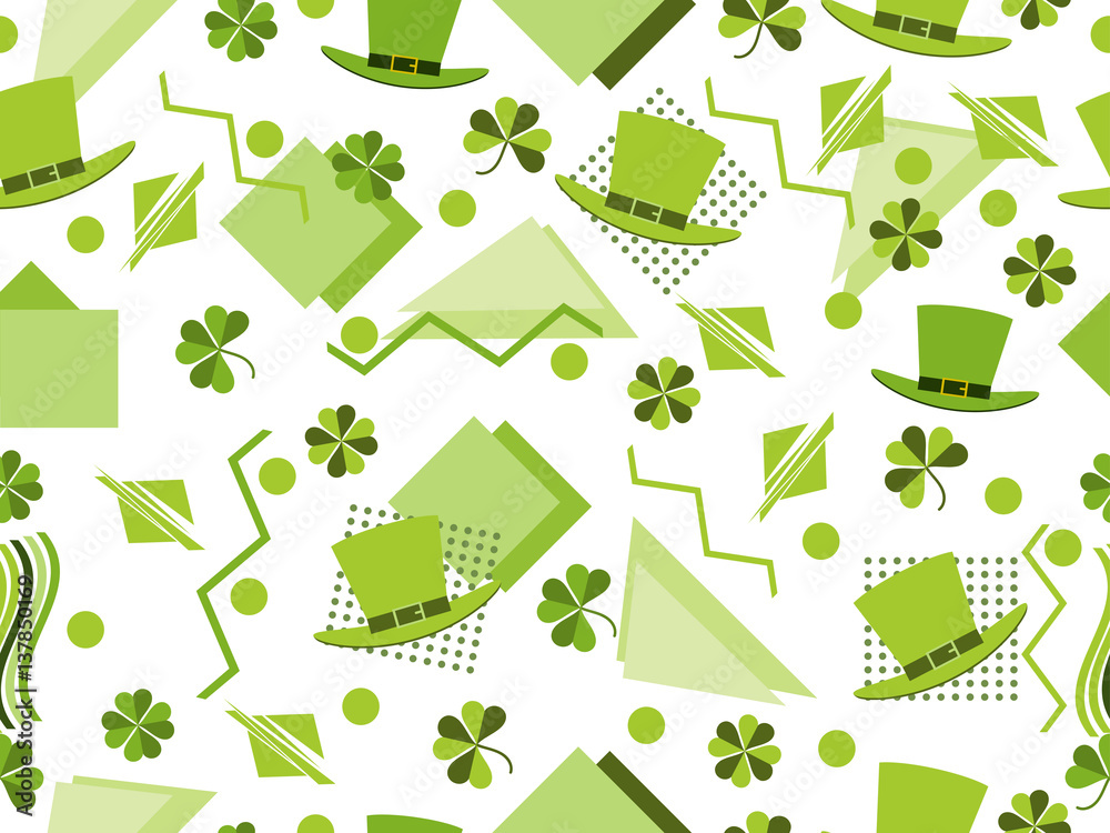 St. Patrick's Day seamless pattern with clover and leprechaun hat in the Memphis style. Vector illustration St. Patrick's Day seamless pattern with clover and leprechaun hat in the Memphis style. Vector illustration