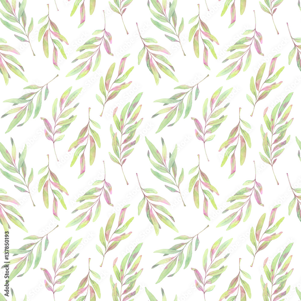 Hand drawn watercolor Seamless pattern. Background with spring leaves and branches. Watercolor design elements.  Perfect for invitations, greeting cards, blogs, posters