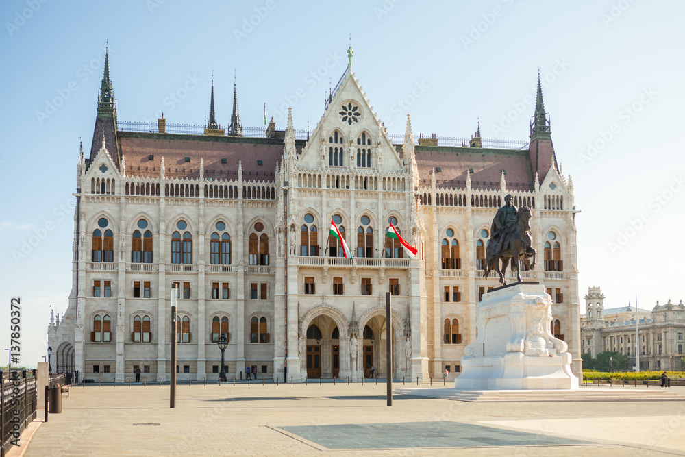 Hungarian National Parliament building in Budapest viewed from the side of main entrance, Hungary