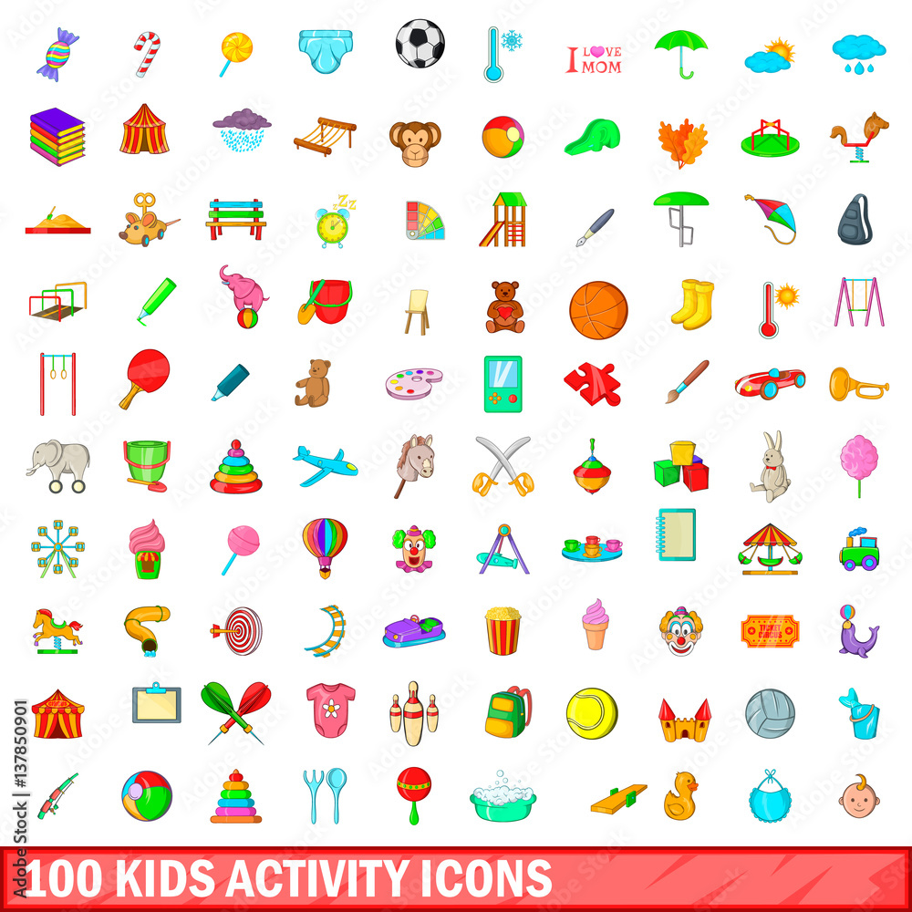 100 kids activity icons set, cartoon style 100 kids activity icons set, cartoon style