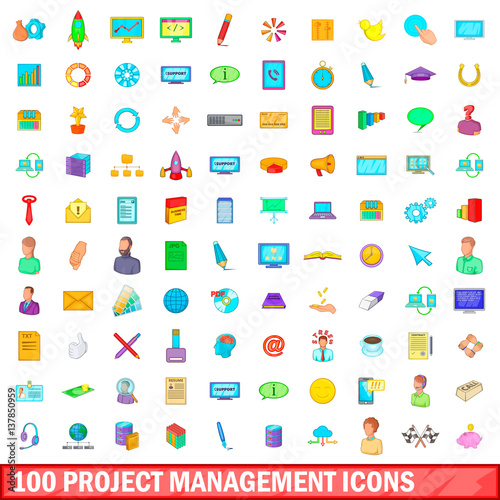 100 project management icons set, cartoon style