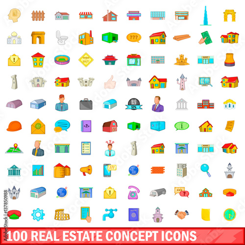 100 real estate concept icons set, cartoon style