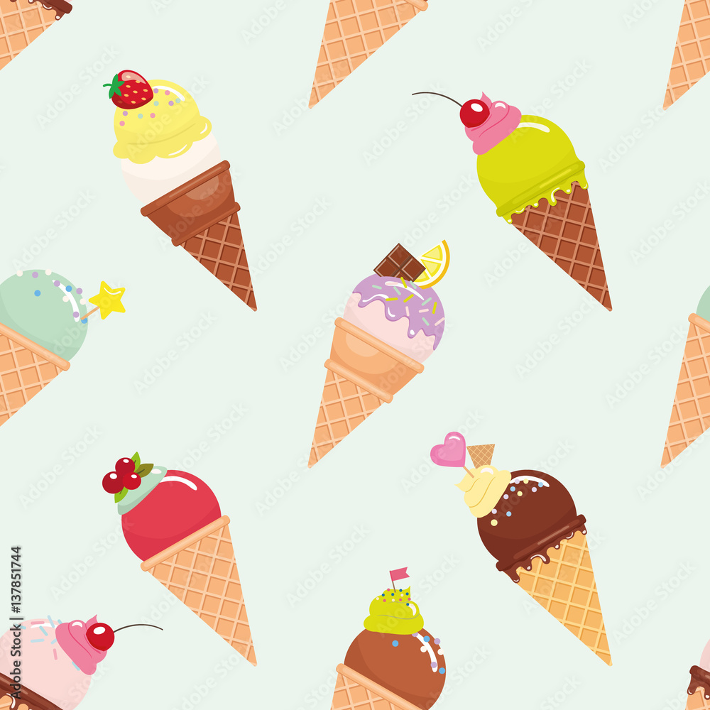 Ice Cream Cone Seamless Pattern Background Realistic Bright And