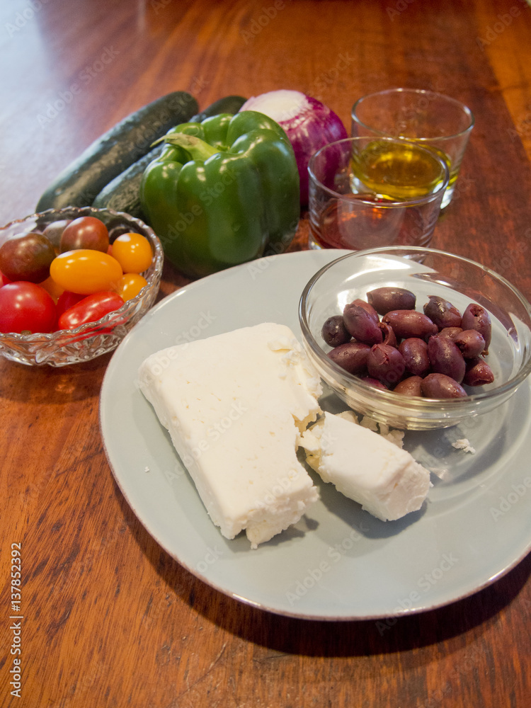 Ingredients for Greek Salad on Wooden Board Ingredients for Greek Salad on Wooden Board