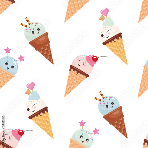 Kawaii ice cream cone seamless pattern background. Pastel colors. Isolated on white.