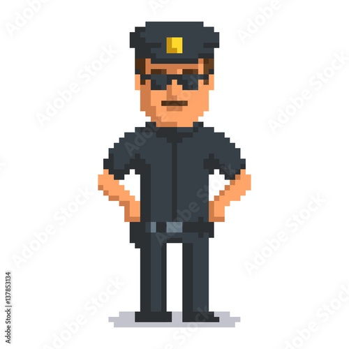 Officer isolated on white background. Sheriff pixel game style illustration. Cop vector pixel art design. funny 8 bit police guy character icon. 