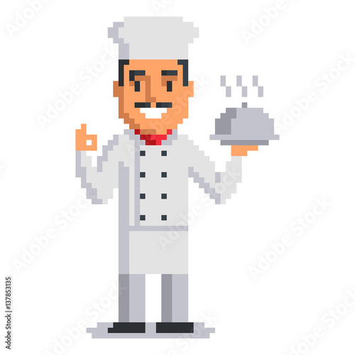 Chef isolated on white background. Cook pixel game style illustration. vector pixel art design. funny 8 bit people character icon. 