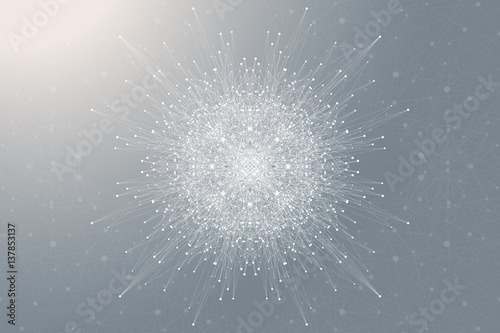 Fractal element with connected lines and dots. Big data complex. Virtual background communication or particle compounds. Digital data visualization, minimal array. Lines plexus. Vector illustration.