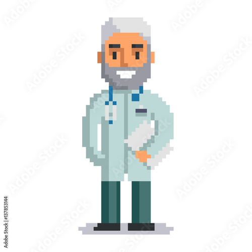 Doctor isolated on white background. physician pixel game style illustration. Medic vector pixel art design. funny 8 bit people character icon. 