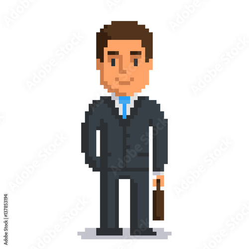 Businessman isolated on white background. Office man with suitcase pixel game style illustration. Worker vector pixel art design. funny 8 bit people character icon. 