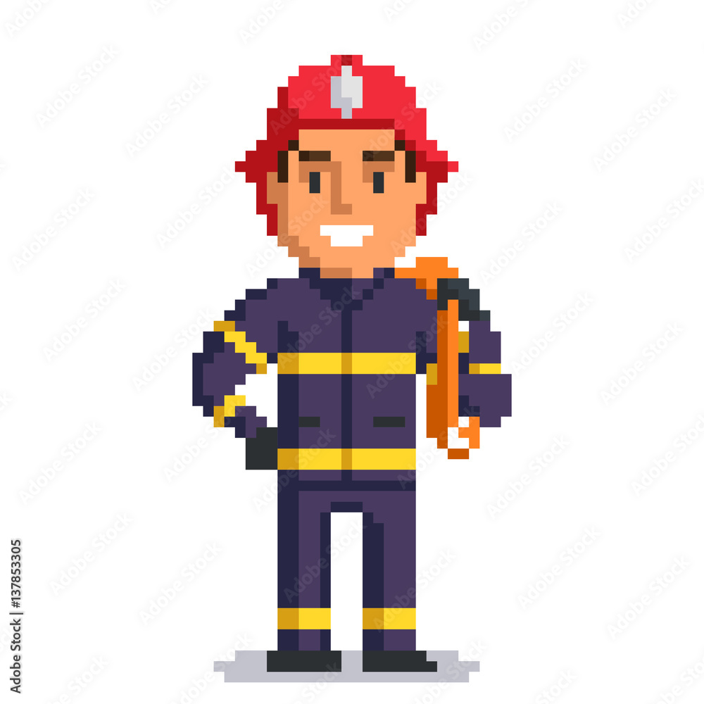 Firefighter isolated on white background. fireman pixel game style  illustration. vector pixel art design. funny 8 bit people character icon.  Stock Vector | Adobe Stock