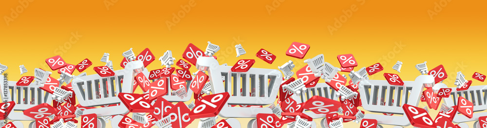 Sales icons and trolley floating in the air 3D rendering