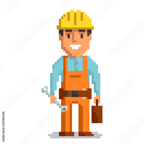 Builder isolated on white background. Repair man with tools pixel game style illustration. Repairman vector pixel art design. funny 8 bit people character icon. 