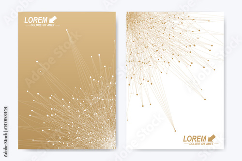 Vector template for brochure, Leaflet, flyer, advert, cover, catalog, magazine or annual report. Geometric background molecule and communication. Golden cybernetic dots. Lines plexus. Card surface.