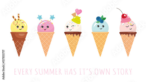 Kawaii ice cream cone characters. Cute cartoons isolated on white. photo