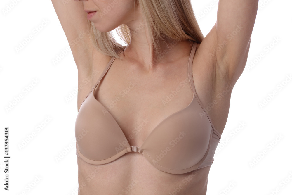 Happy smiling beautiful woman showing her Armpit after depilation isolated on white background, female underarm closeup. Waxing, laser hair removal treatment