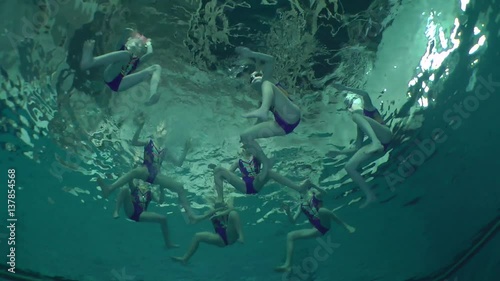 Synchronized swimming, team training, underwater view.
