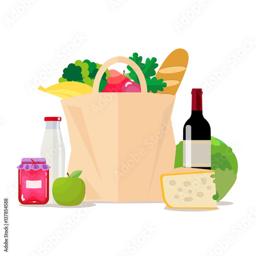 Paper bag with food. Shopping at the supermarket or grocery store. A set of healthy food. Vegetables and fruits, wine and cheese, milk and jam. Vector, isolated illustration in flat style EPS10.