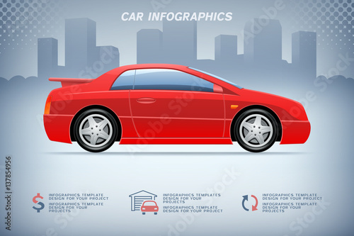 Automotive infographics design with generic red sports car on urban background