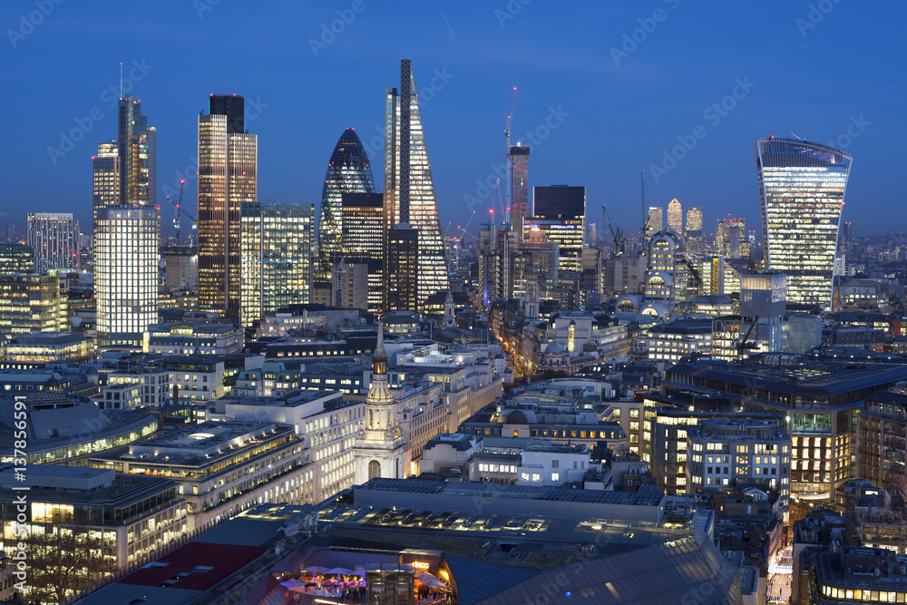Elevated view of the Financial district of London at dusk