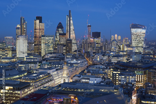Elevated view of the Financial district of London at dusk