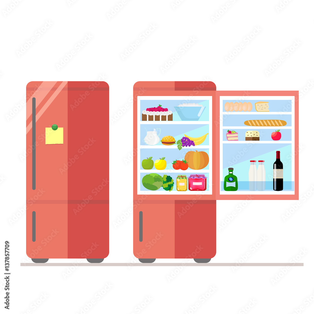 Indoor and outdoor refrigerator with food. Sticker for notes on the