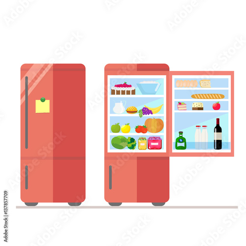 Indoor and outdoor refrigerator with food. Sticker for notes on the door. Dairy and vegetables, cake and wine, eggs and fruit. Vector, illustration in flat style isolated on white background EPS10.
