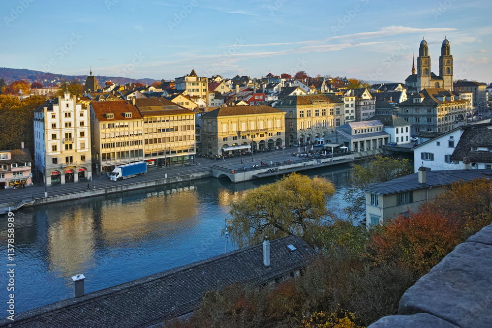 Reflection of City of Zurich in Limmat River, Switzerland