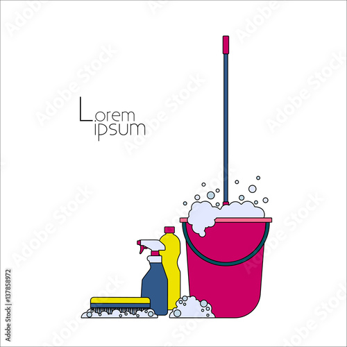 Household chemicals Vector illustration Mop in pink bucket with a foaming cleanser, household chemicals and cleaning brush on white background Thin line