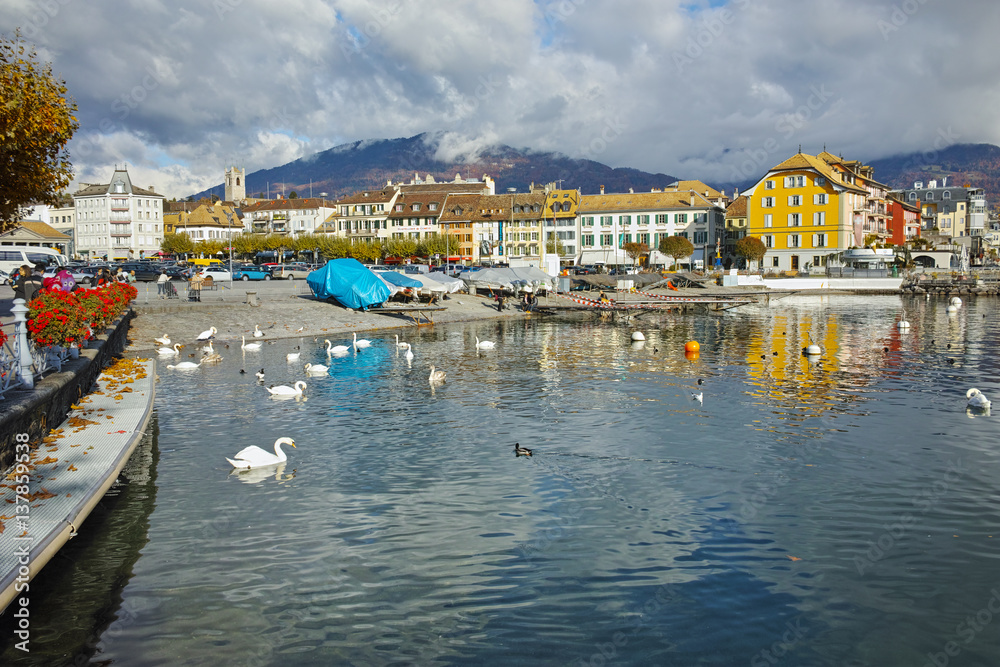 Panoramic view of Lake Geneva from town of Vevey, canton of Vaud, Switzerland