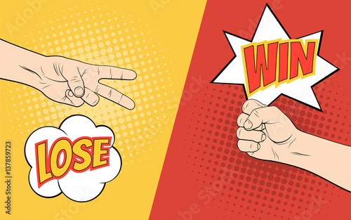 Rock paper scissors hand game. Pop art style vector