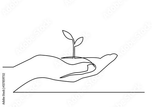 continuous line drawing of hand showing growing plant