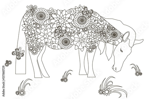 Hand drawn flowers horse, doodle, black and white anti stress vector illustration