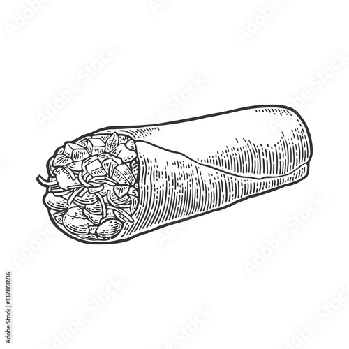 Burrito - mexican traditional food. Vector black vintage engraved illustration for menu, poster, web. Isolated on white background.