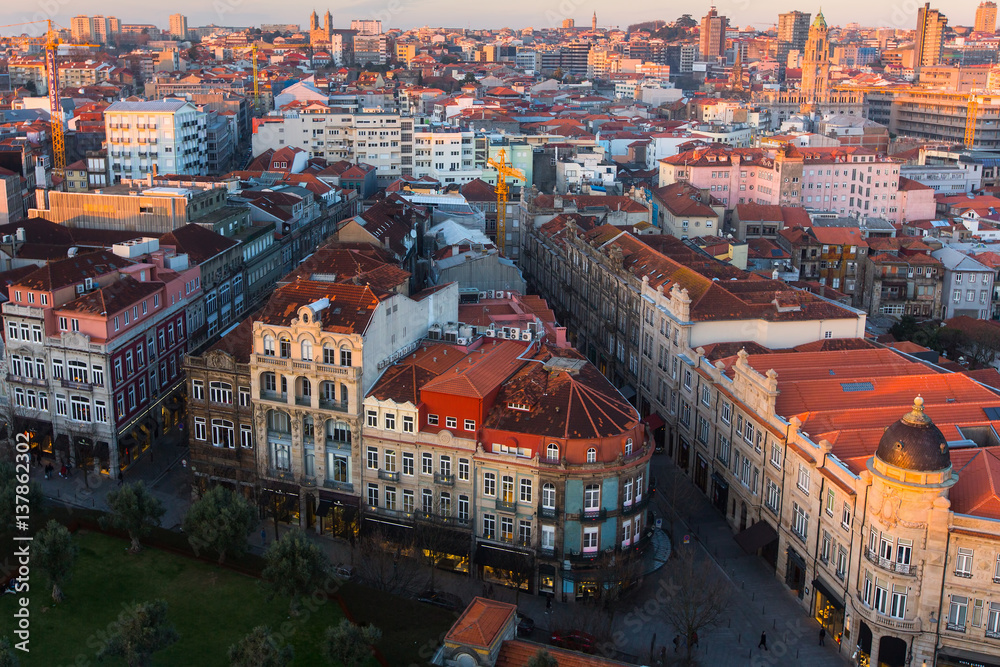 Bird's-eye view old downtown of Porto at dusk, Portugal.