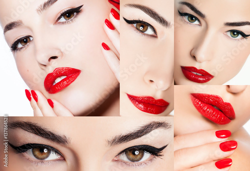 eyeliner and red lips  beauty collage