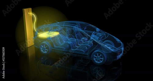 3d animation of blue electric car charging from large glowing battery.