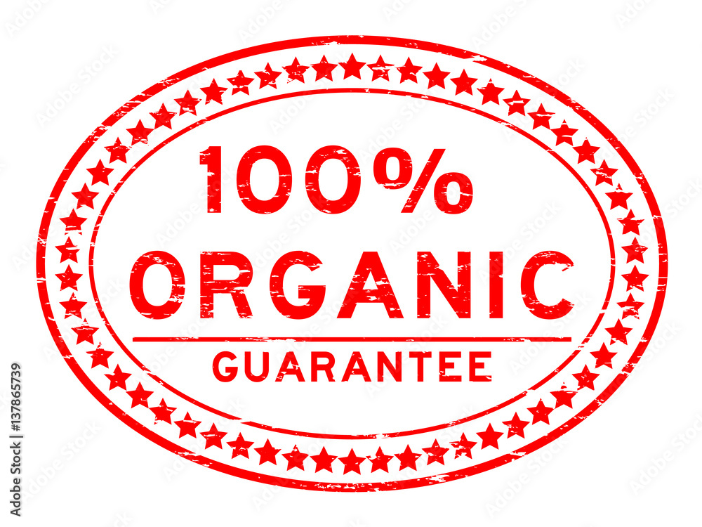 Grunge red 100 percent organic oval rubber seal stamp on white background Grunge red 100 percent organic oval rubber seal stamp on white background