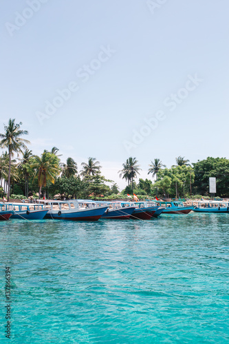 The pier with a lot of asian boats in the front of palms in azure water of Indian ocean