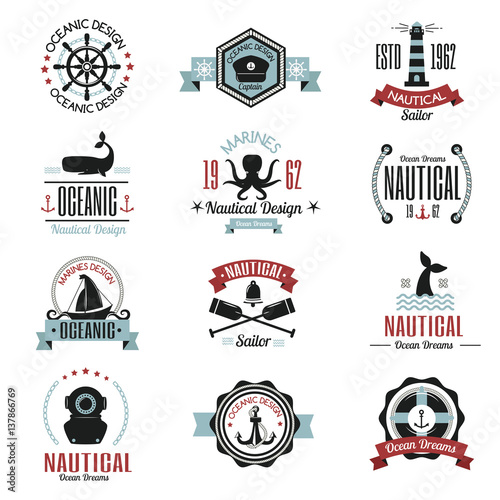 Fashion nautical logo sailing themed label or icon with ship sign anchor rope...
