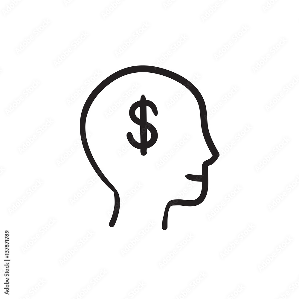 Head with dollar symbol sketch icon. Head with dollar symbol sketch icon.