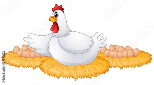 Cute cartoon hen with many eggs in the her nest