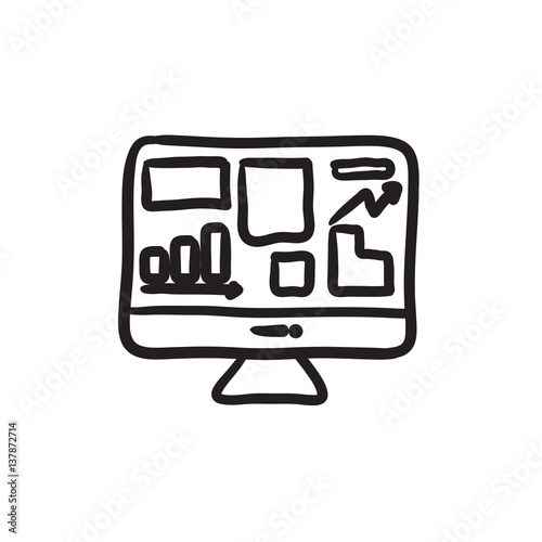 Monitor with business graphs sketch icon.