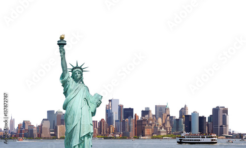 Statue of Liberty, Skyline of New York City isolated on white background, USA. photo